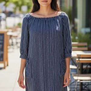 NWT SEVEN ISLANDS NY Women Large navy striped lightweight mini pockets Dress